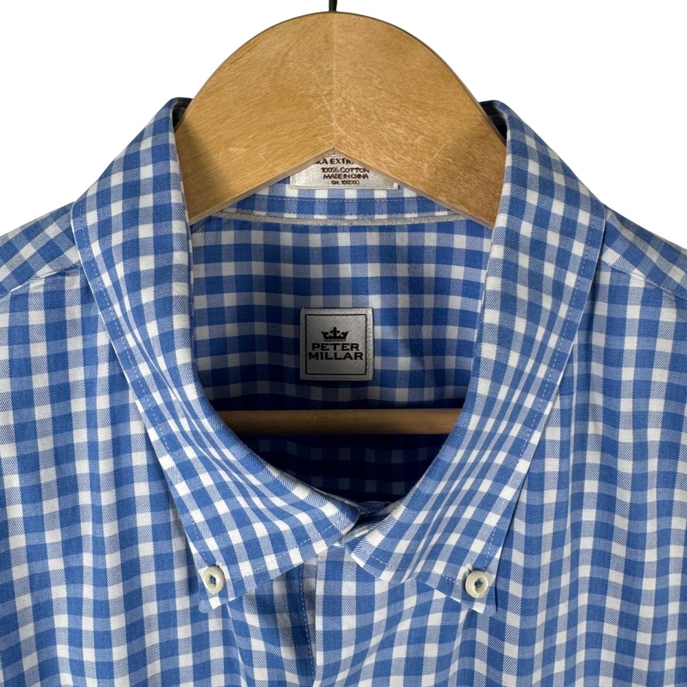 Peter Millar Gingham Shirt Mens XXL Blue White Cotton Long Sleeve Button Down